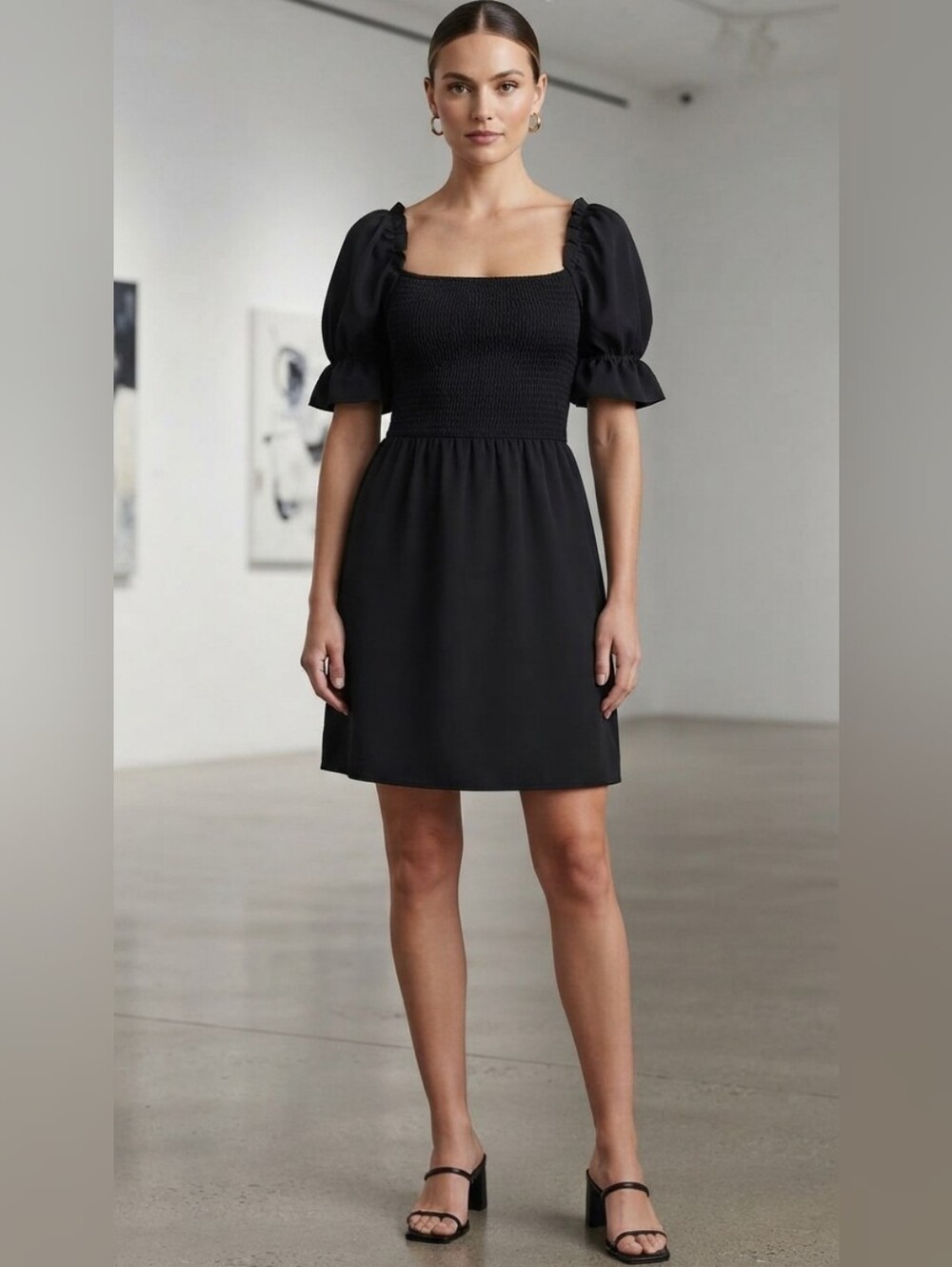 EUC Black Square Neck Smocked Bodice Puff Sleeve Skater Dress Size Large